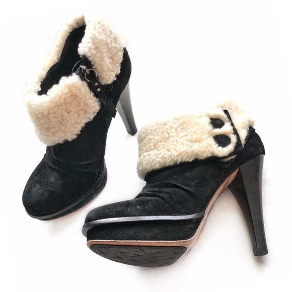 UGG Suede + Fur Slouch Platform Heel Ankle Bootie - Picture 1 of 7